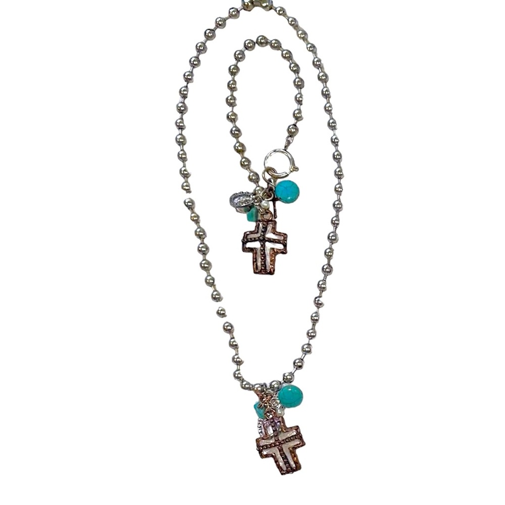 Matching beaded necklace & bracelet cross set with turquoise embellishments